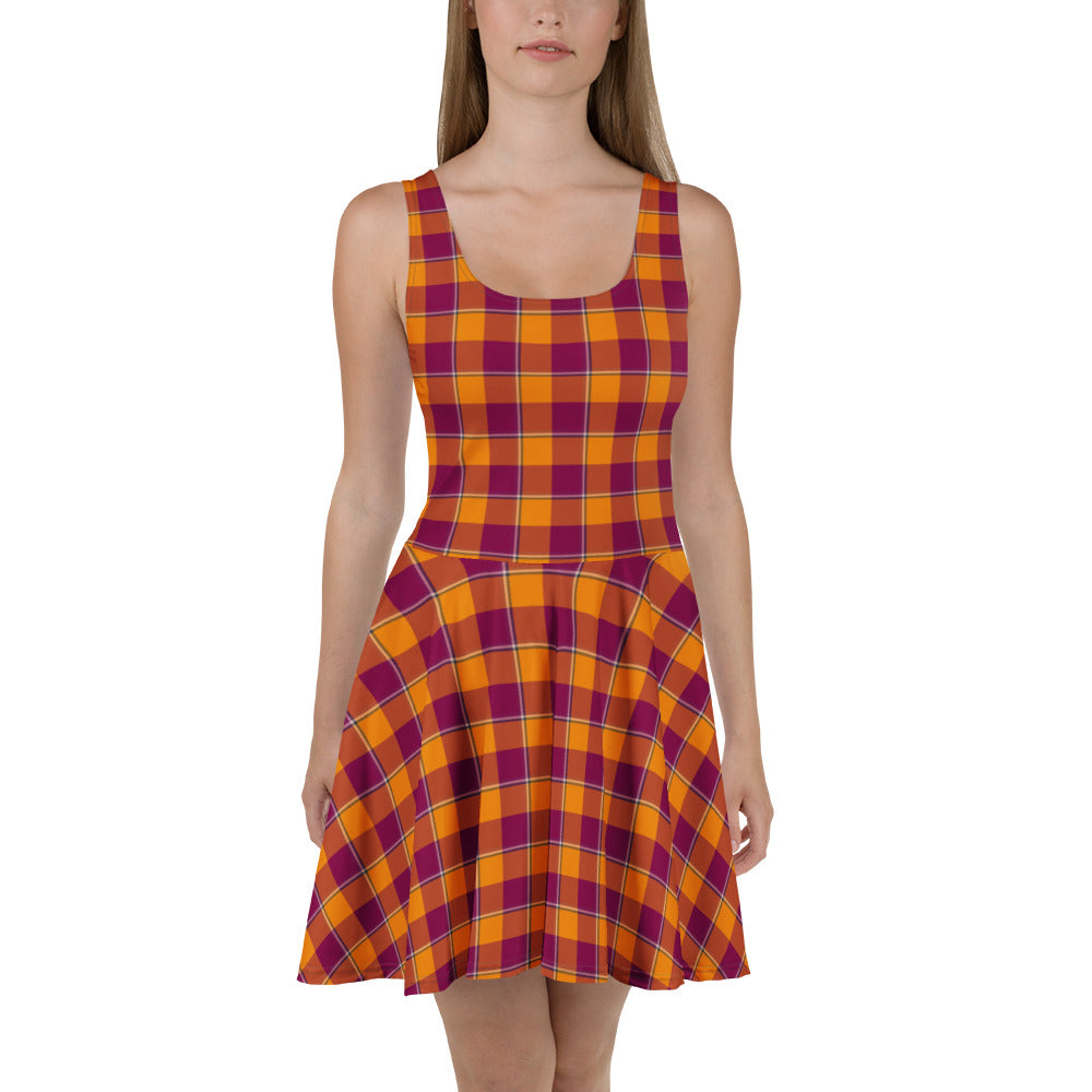 Tahiti Gold and Rose Bud Cherry Plaid Skater Dress - Scottish Squares