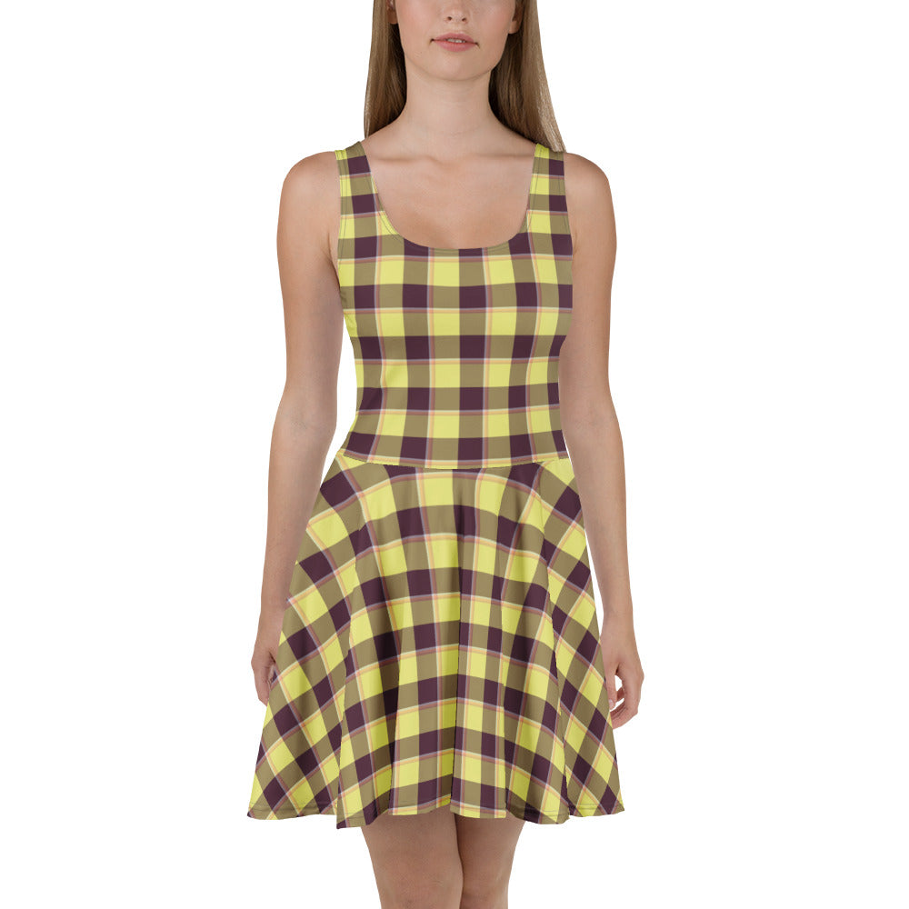 Flax and Livid Brown Plaid Skater Dress - Scottish Squares