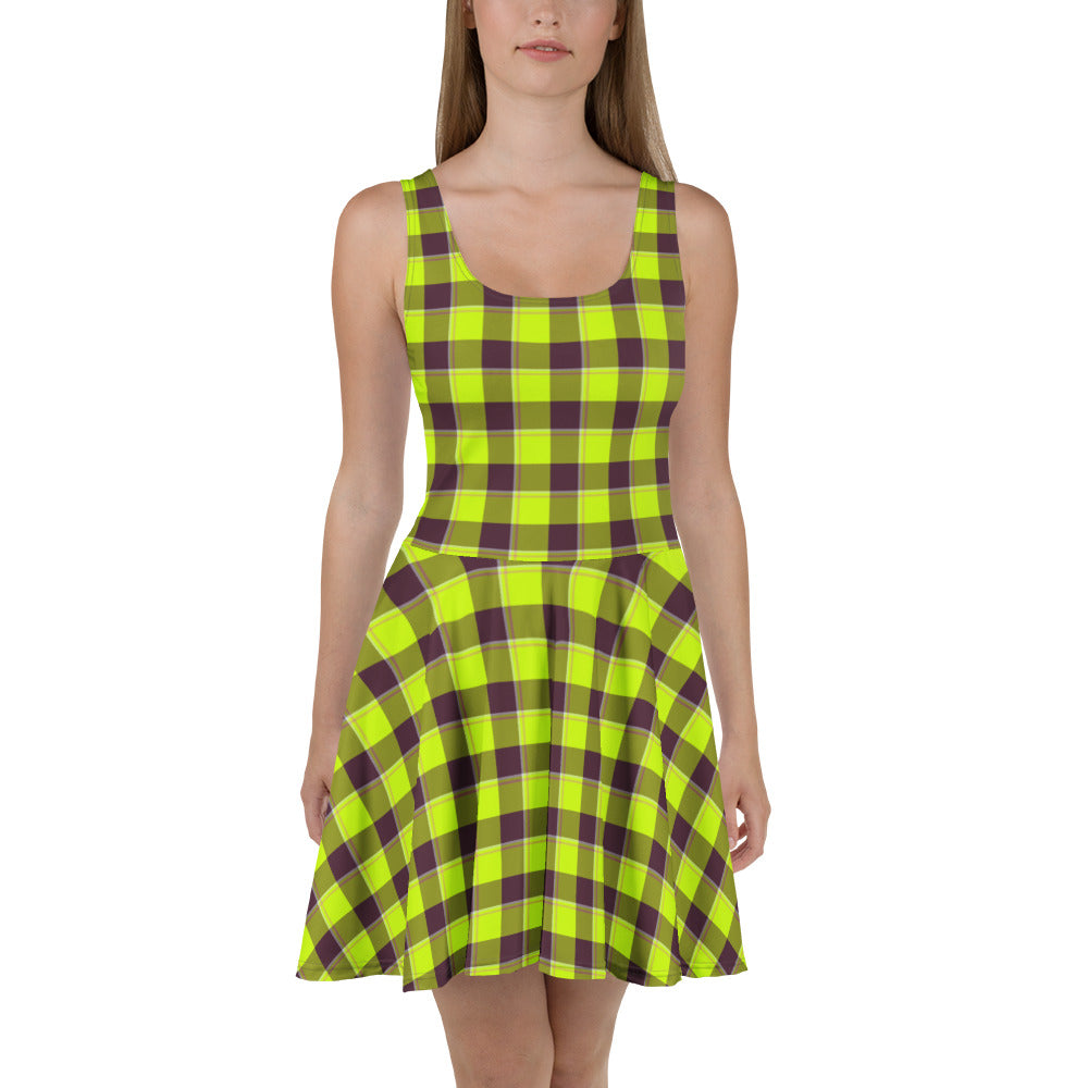 Electric Lime and Livid Brown Plaid Skater Dress - Scottish Squares