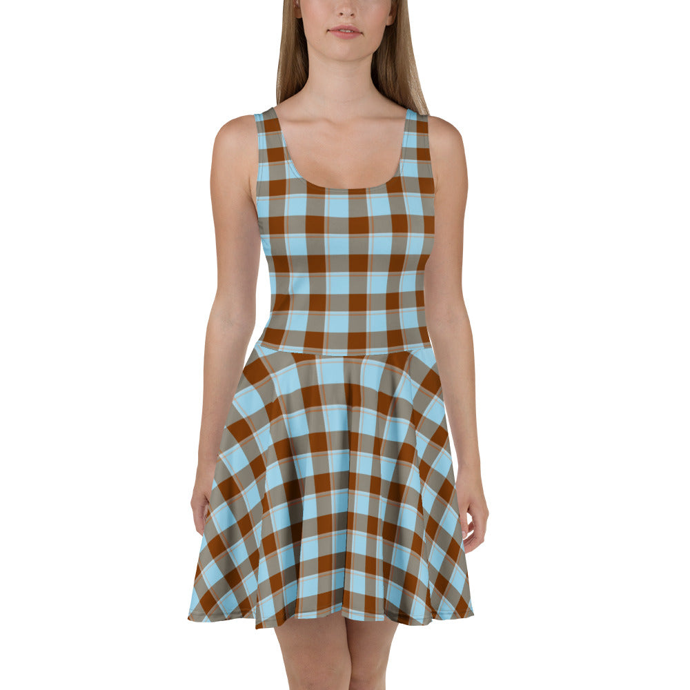 Blizzard Blue and Livid Brown Plaid Skater Dress - Scottish Squares