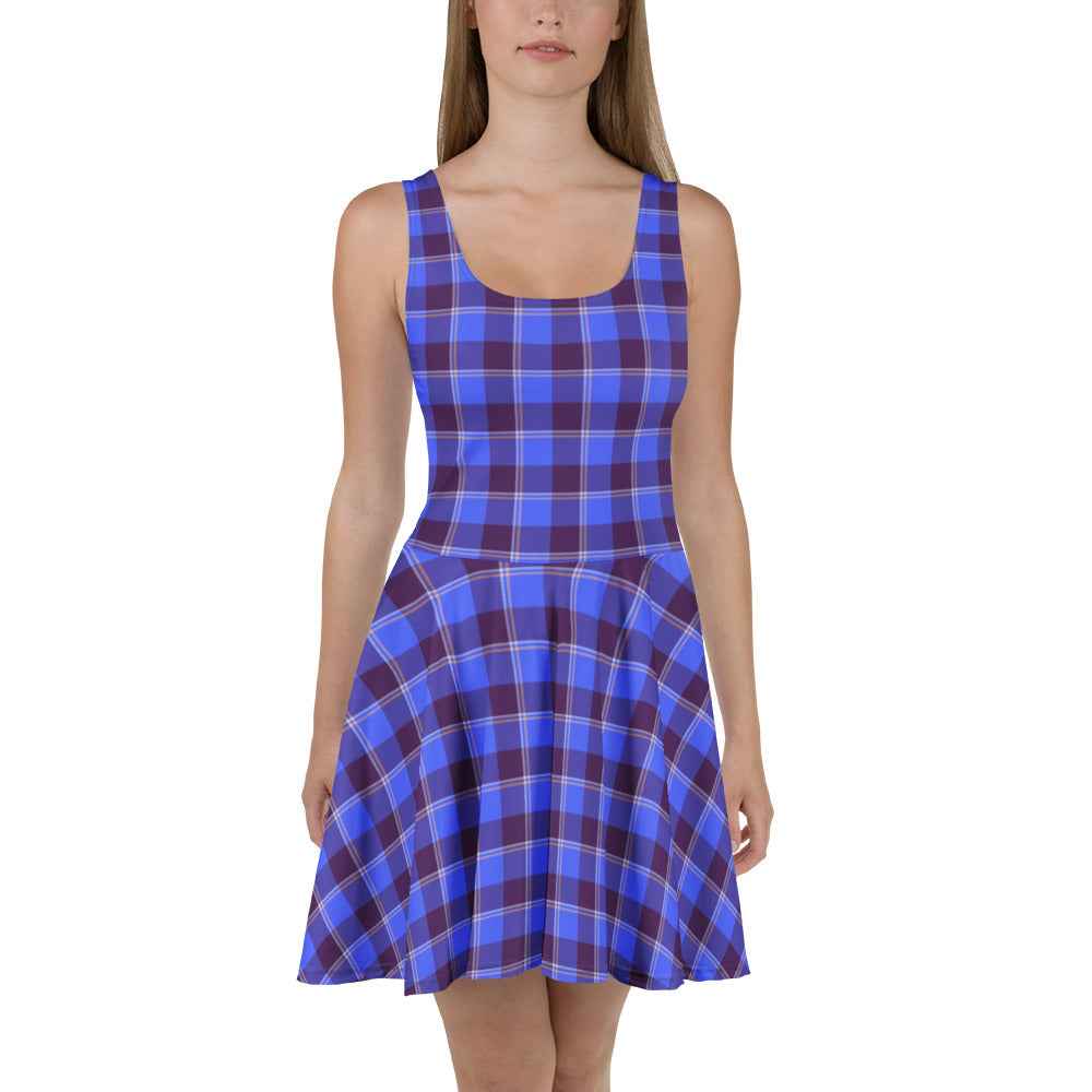 Cornflower Blue and Livid Brown Plaid Skater Dress - Scottish Squares