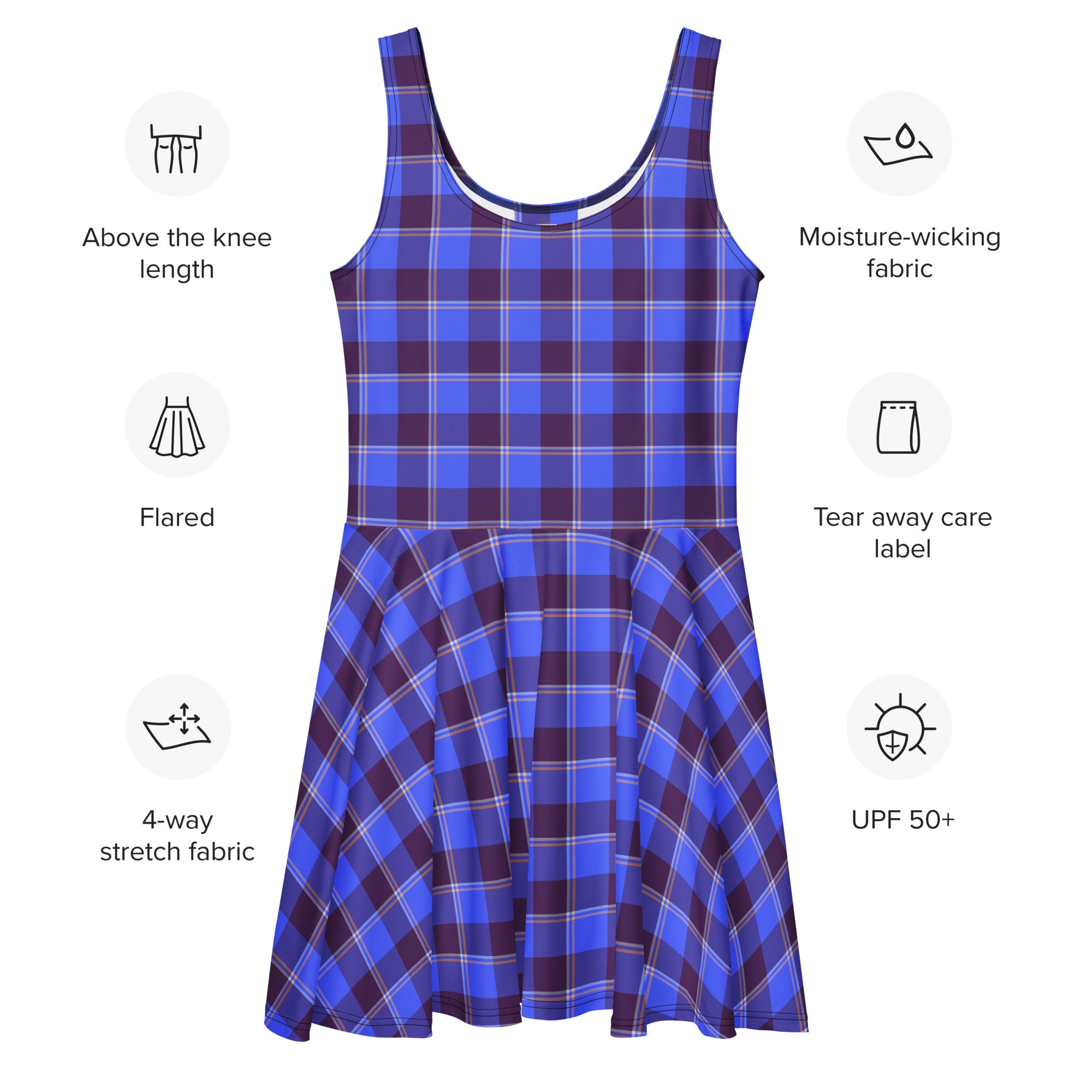 Cornflower Blue and Livid Brown Plaid Skater Dress - Scottish Squares