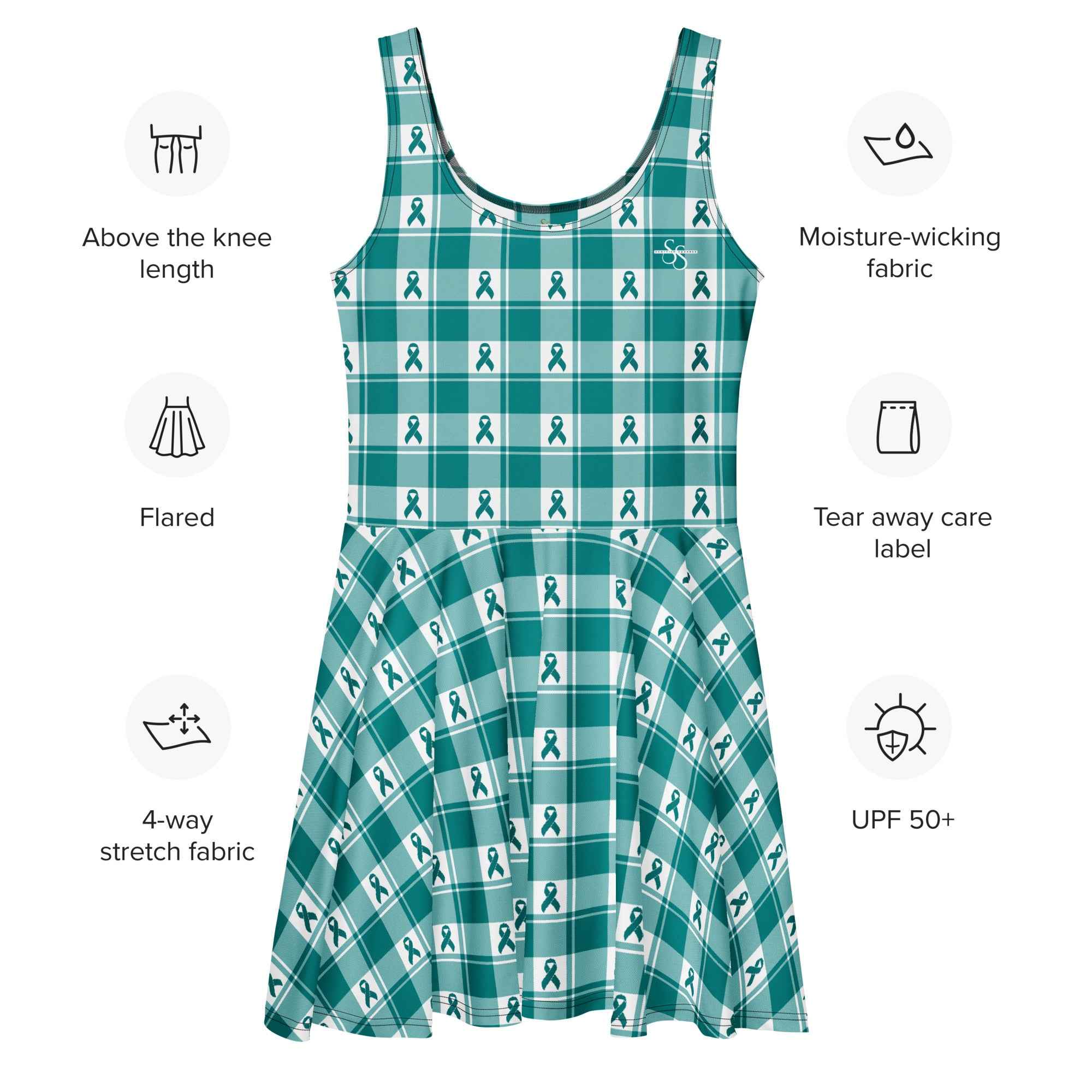 Skater Dress Cervical Cancer Awareness Plaid, Teal Ribbon, Supportive Gift - Scottish Squares