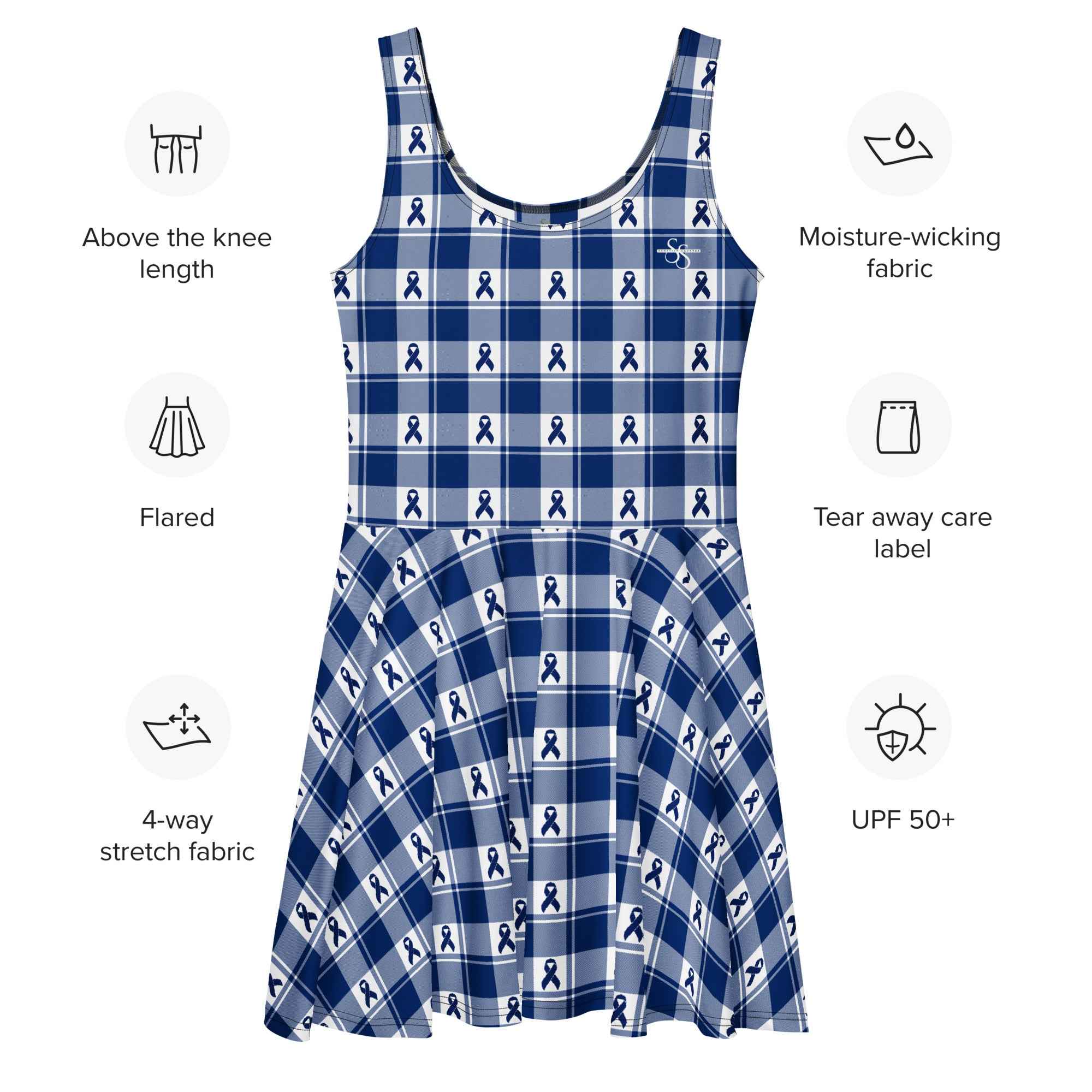 Skater Dress Colorectal Cancer Awareness Plaid, Dark Blue Ribbon, Supportive Gift - Scottish Squares