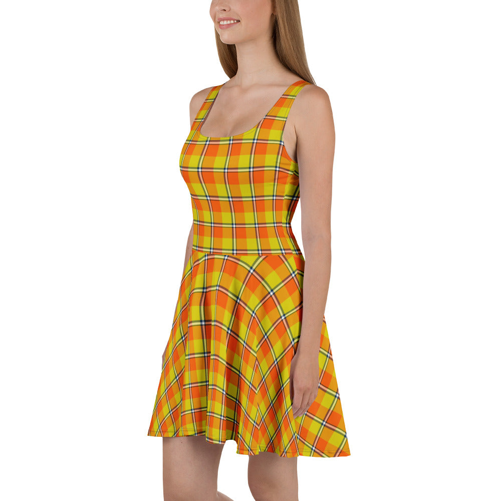 Blaze Orange and Bird Flower Plaid Skater Dress - Scottish Squares