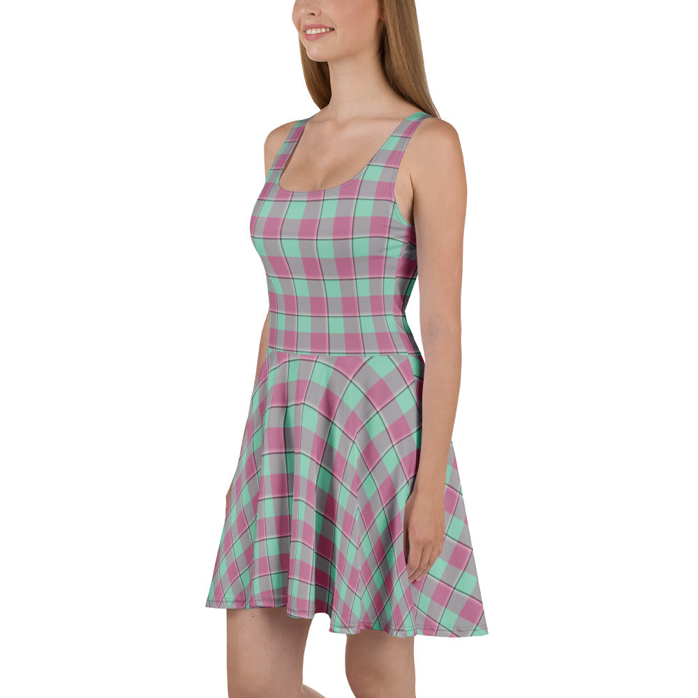 Vista Blue and Turkish Rose Plaid Skater Dress - Scottish Squares
