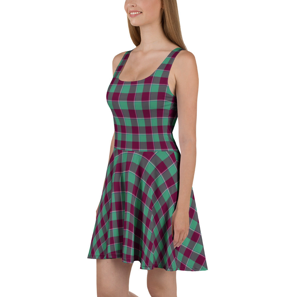 Ocean Green and Mulberry Wood Plaid Skater Dress - Scottish Squares
