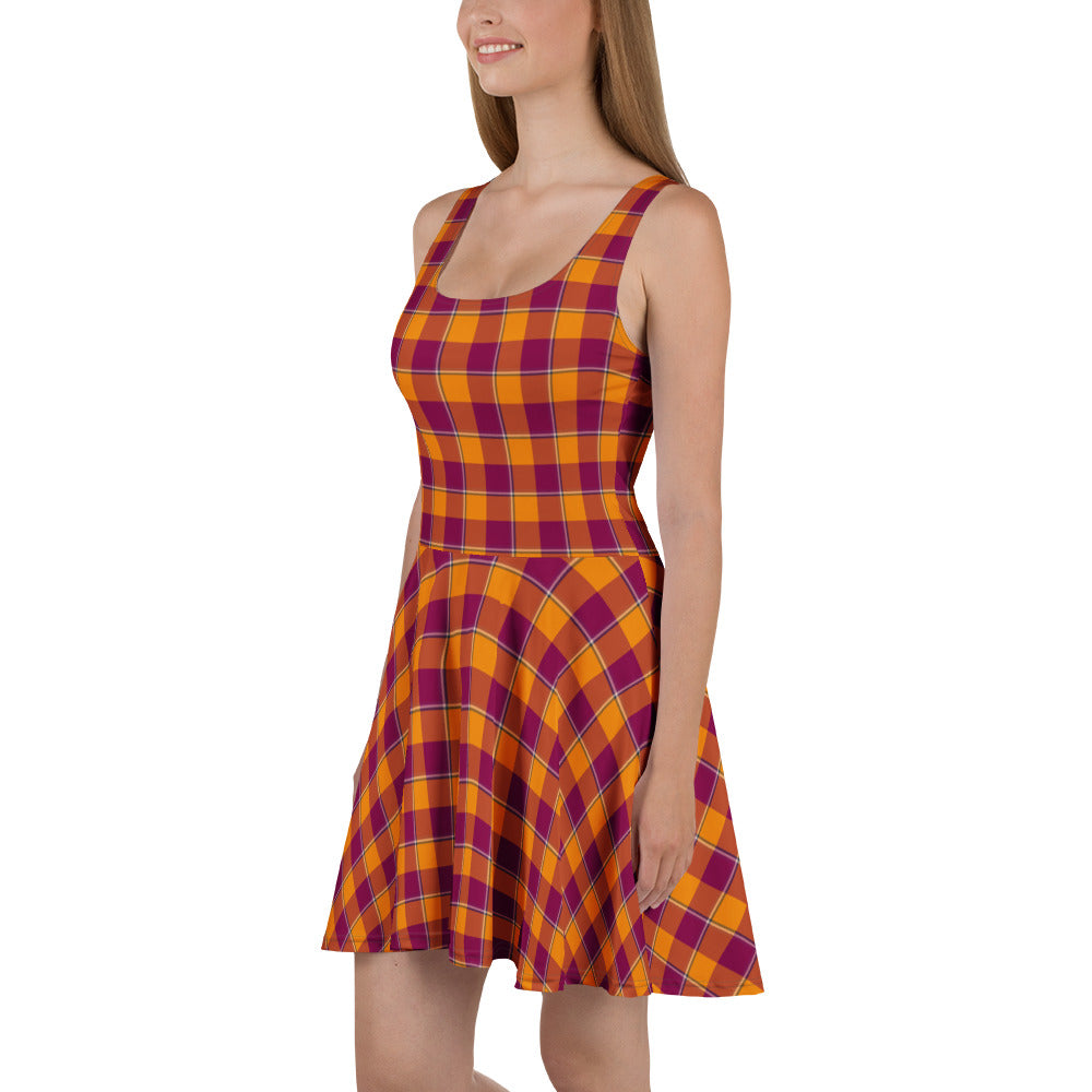 Tahiti Gold and Rose Bud Cherry Plaid Skater Dress - Scottish Squares