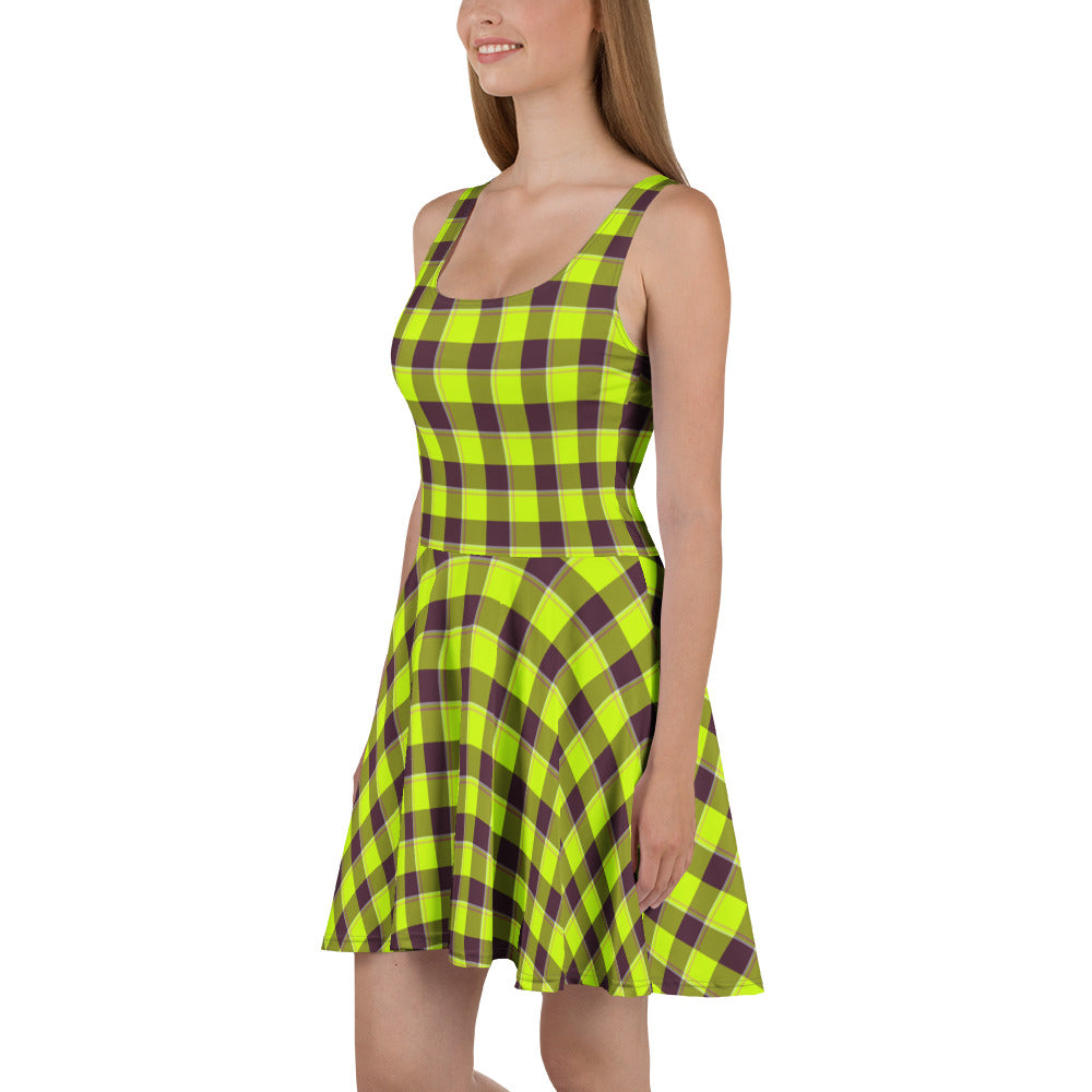 Electric Lime and Livid Brown Plaid Skater Dress - Scottish Squares