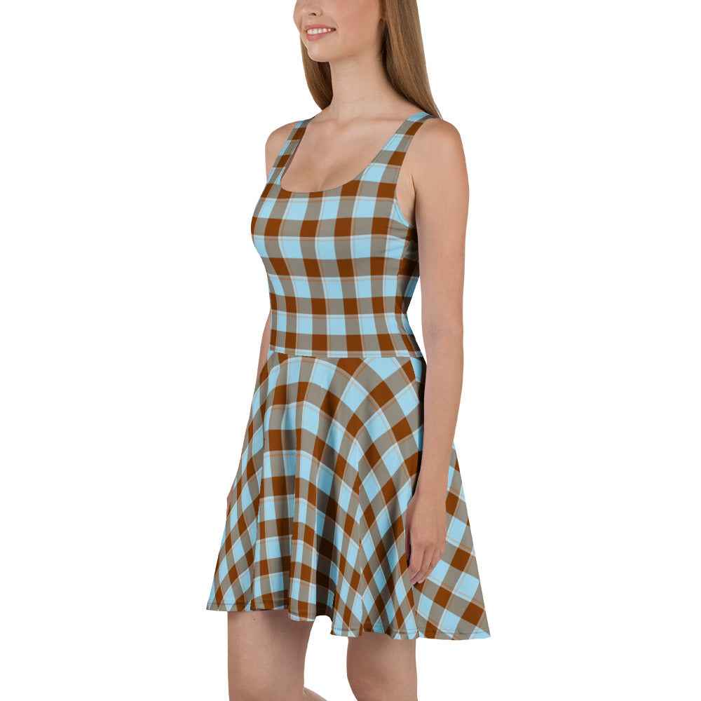 Blizzard Blue and Livid Brown Plaid Skater Dress - Scottish Squares