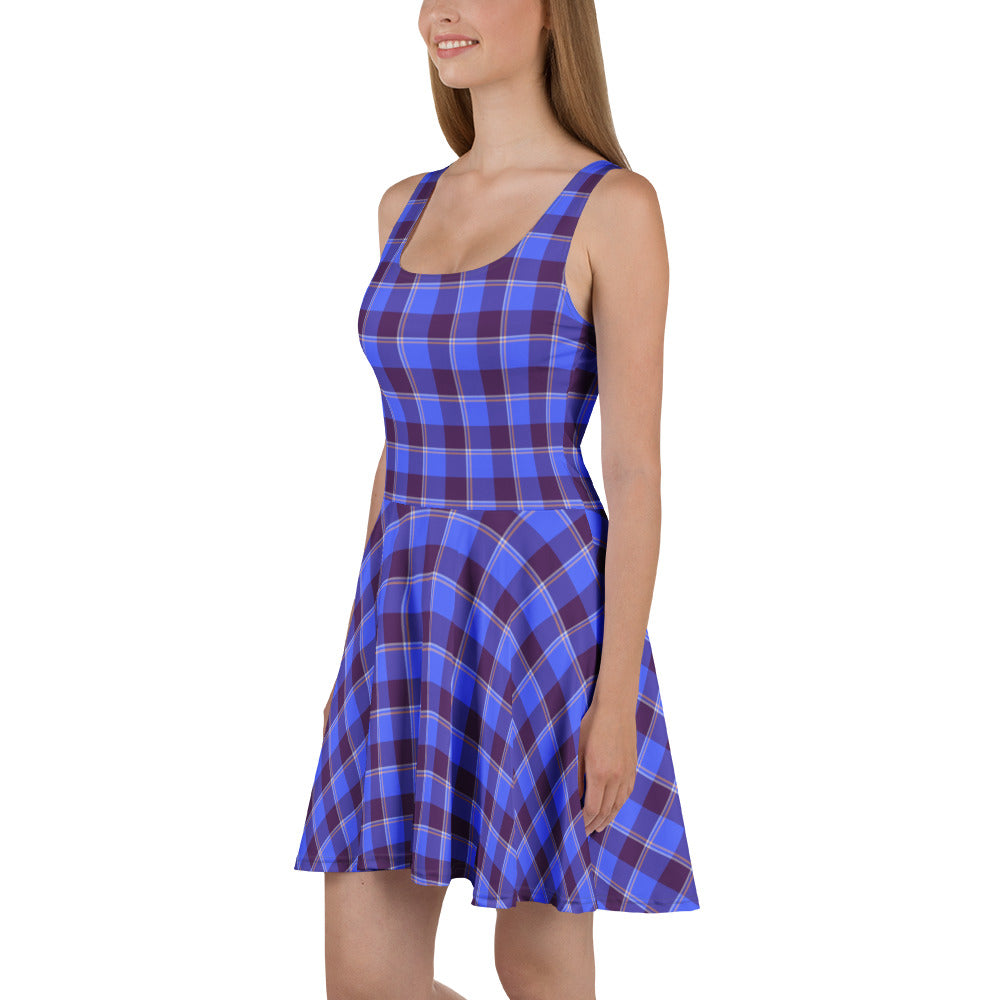 Cornflower Blue and Livid Brown Plaid Skater Dress - Scottish Squares