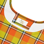 Blaze Orange and Bird Flower Plaid Skater Dress - Scottish Squares