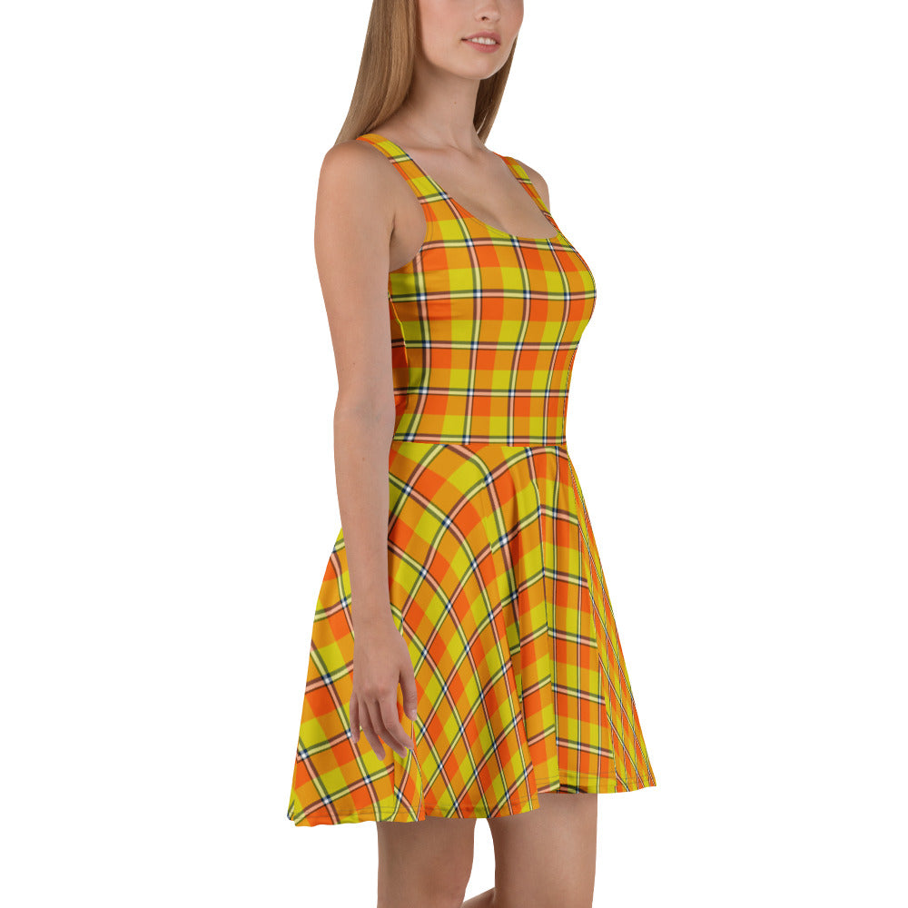 Blaze Orange and Bird Flower Plaid Skater Dress - Scottish Squares