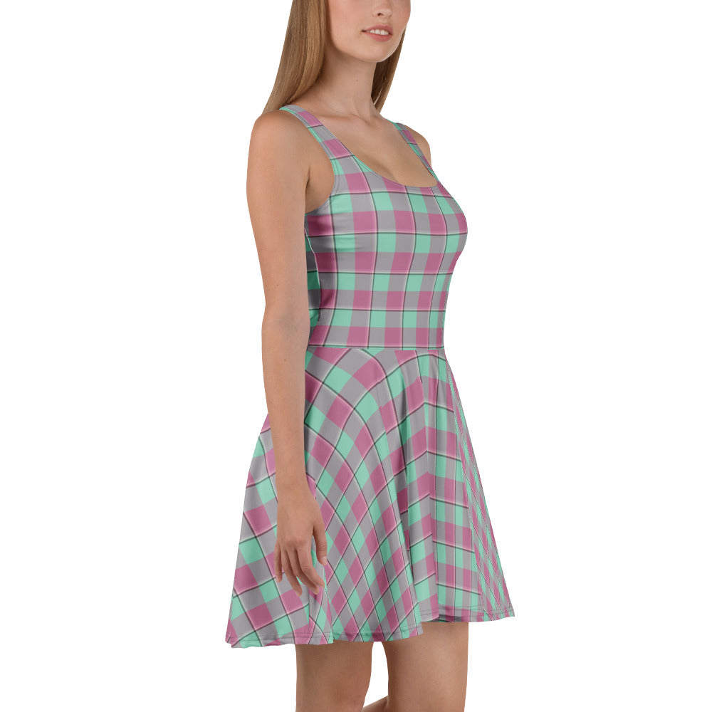 Vista Blue and Turkish Rose Plaid Skater Dress - Scottish Squares