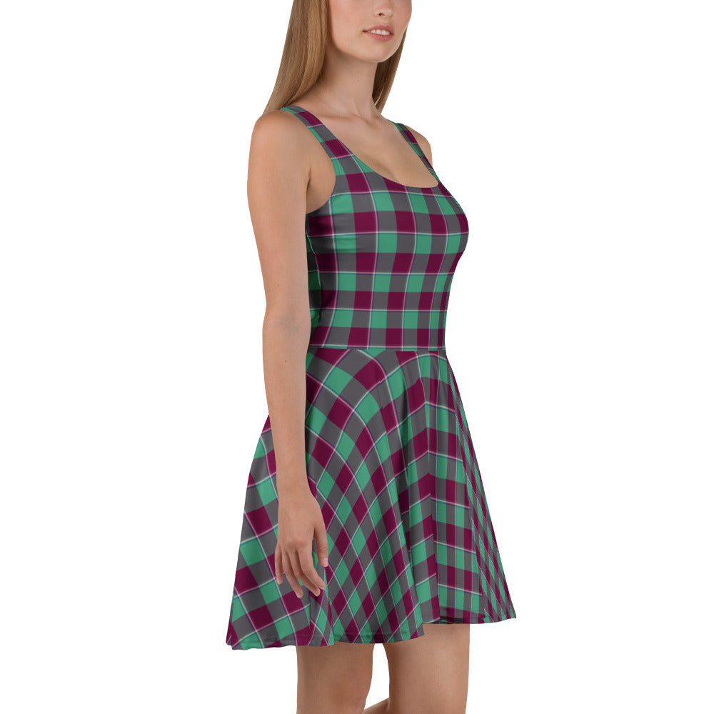 Ocean Green and Mulberry Wood Plaid Skater Dress - Scottish Squares