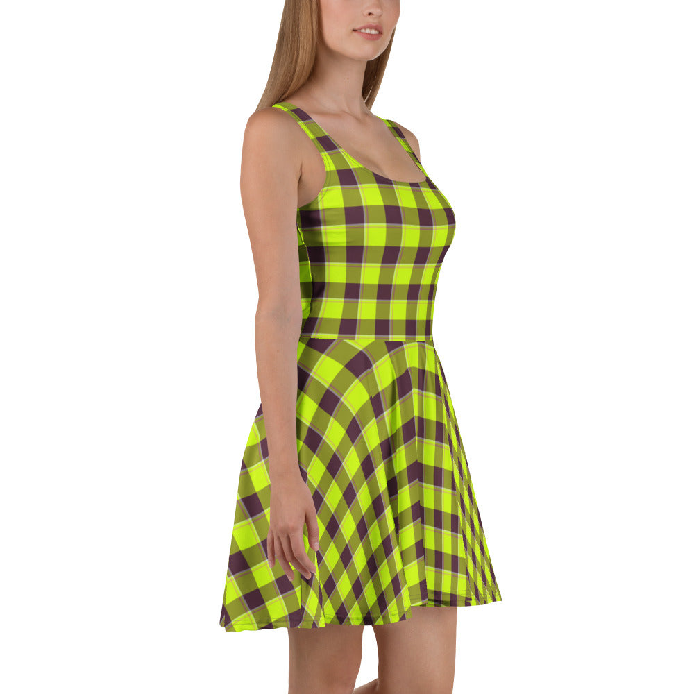 Electric Lime and Livid Brown Plaid Skater Dress - Scottish Squares