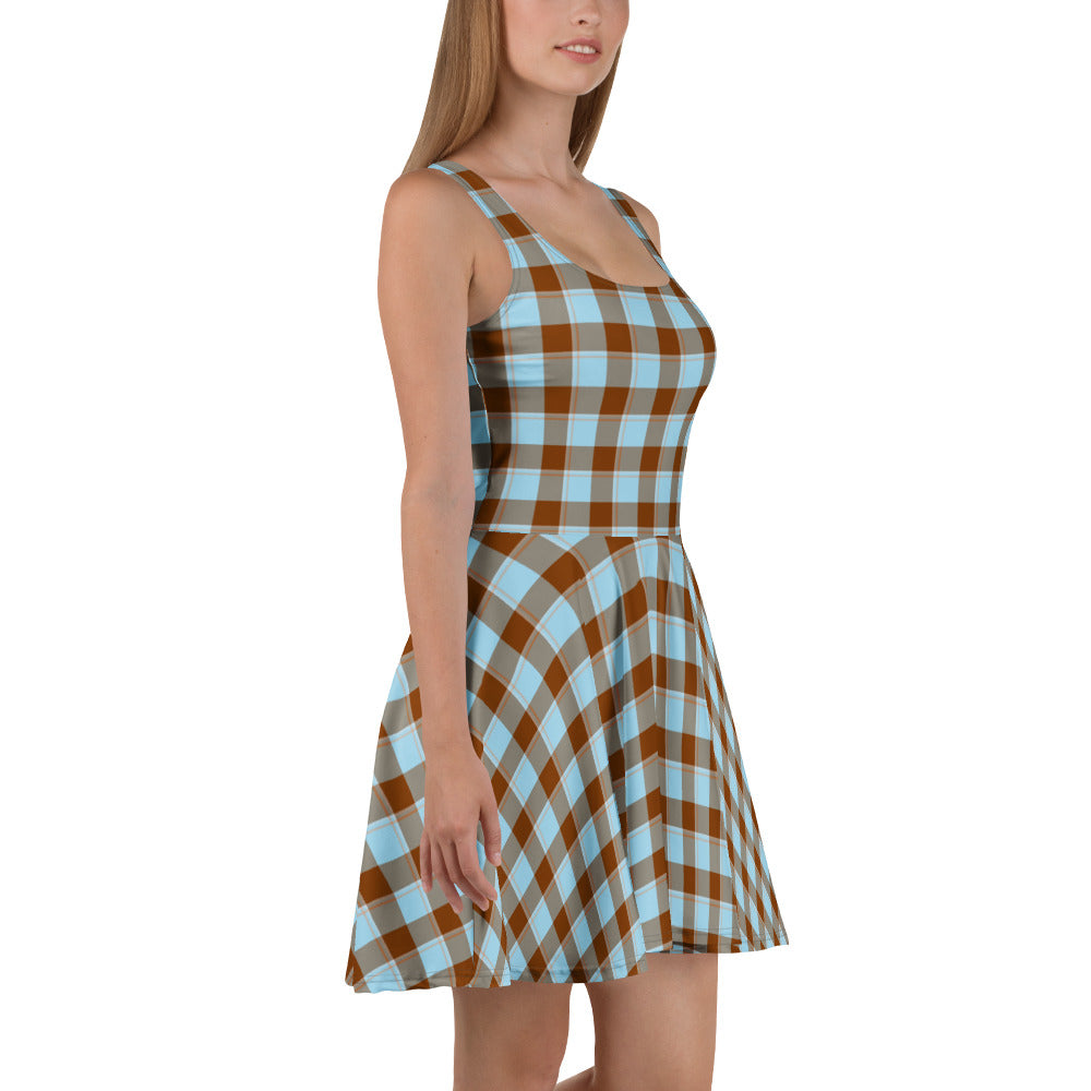Blizzard Blue and Livid Brown Plaid Skater Dress - Scottish Squares