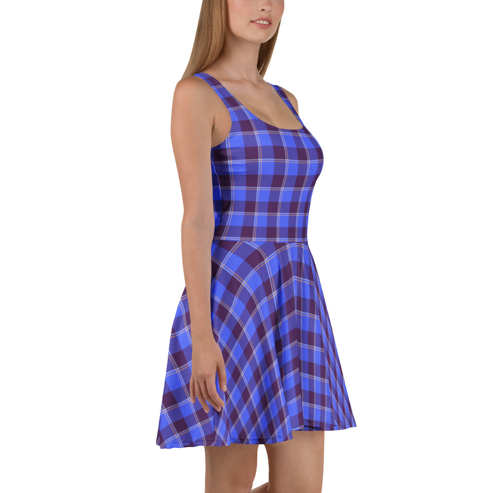 Cornflower Blue and Livid Brown Plaid Skater Dress - Scottish Squares