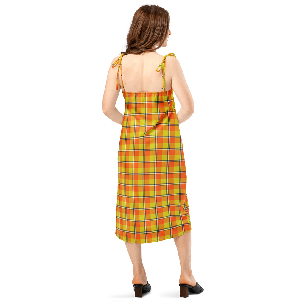 Tie-Strap Midi Dress Blaze Orange and Bird Flower Plaid - Scottish Squares