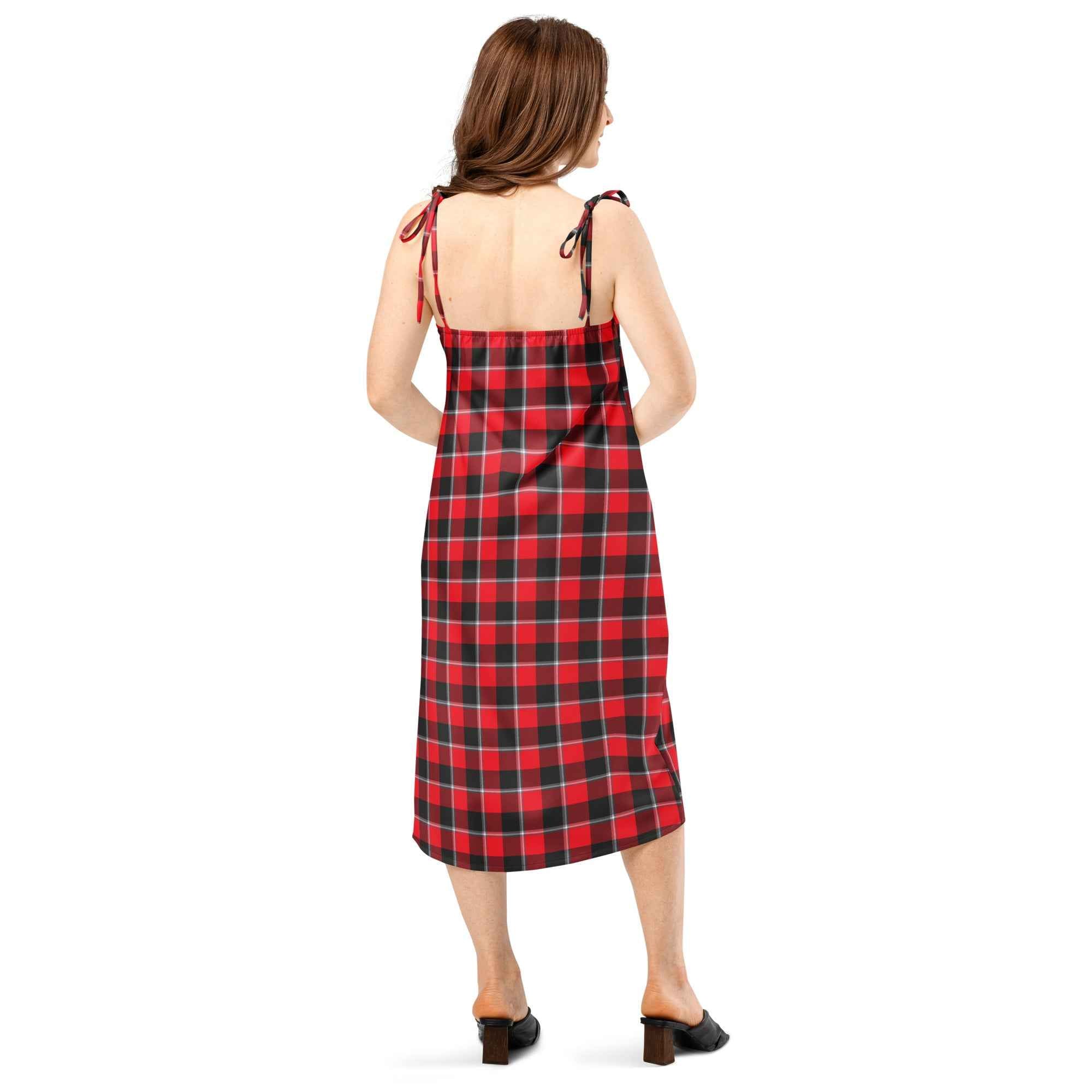 Tie-Strap Midi Dress Red Ribbon and Heavy Metal Plaid - Scottish Squares