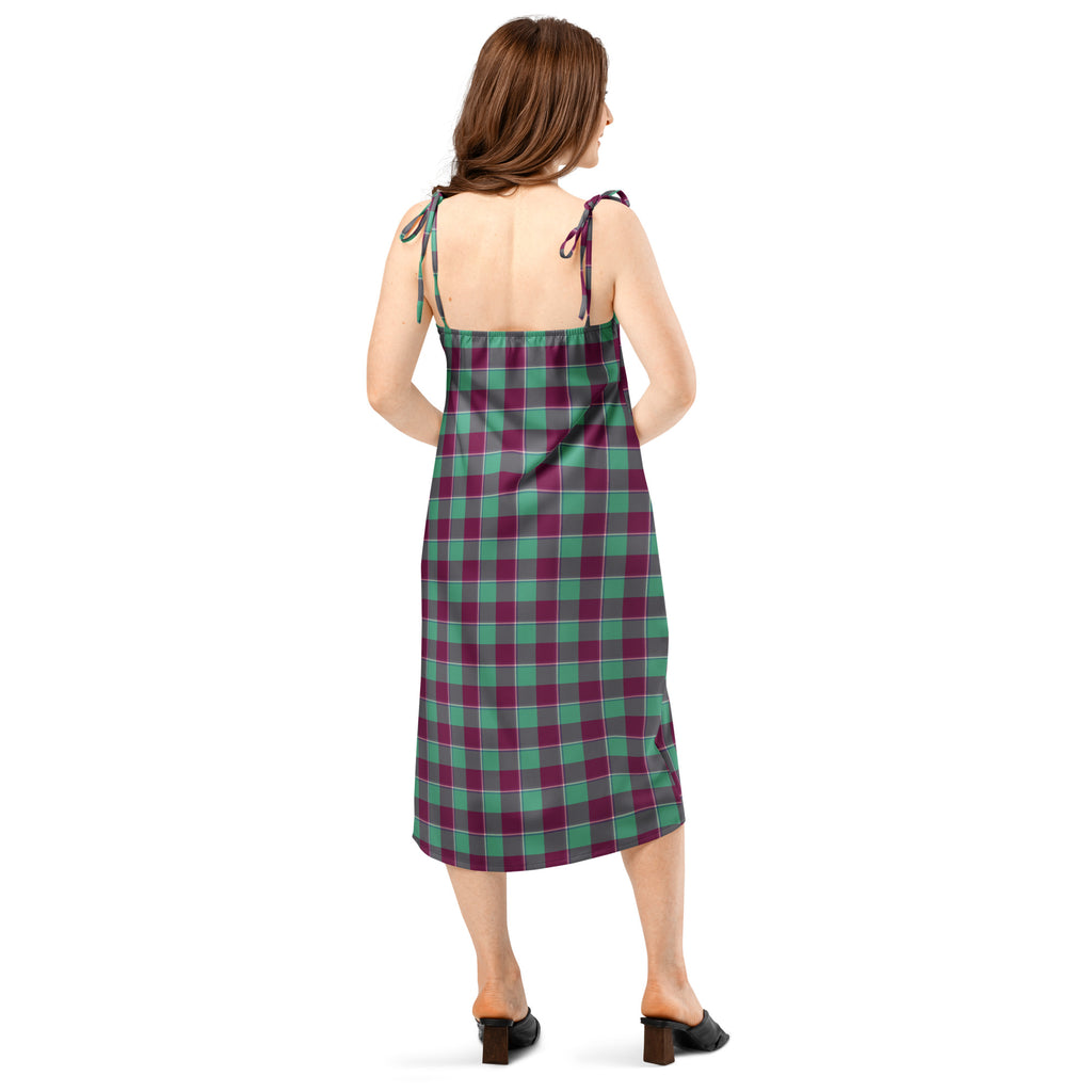 Tie-Strap Midi Dress Ocean Green and Mulberry Wood Plaid - Scottish Squares