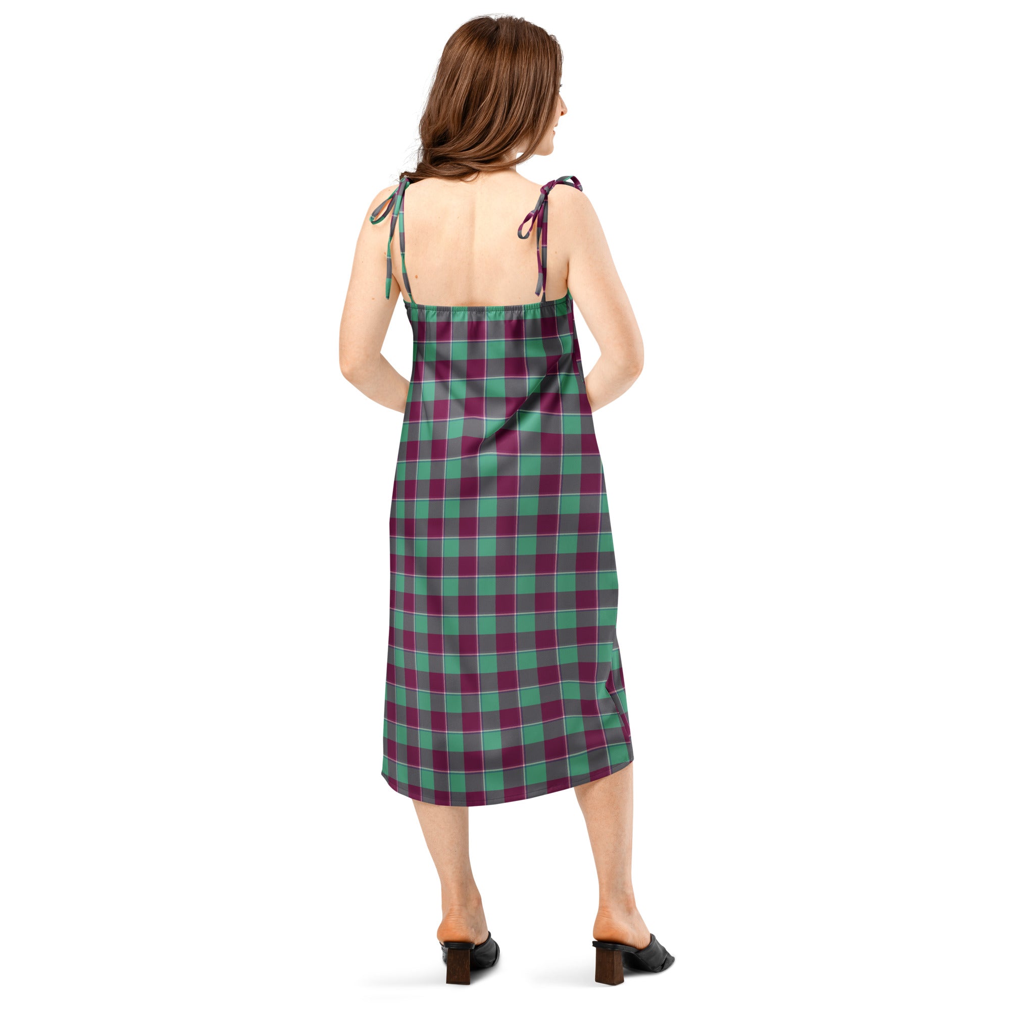 Tie-Strap Midi Dress Ocean Green and Mulberry Wood Plaid - Scottish Squares