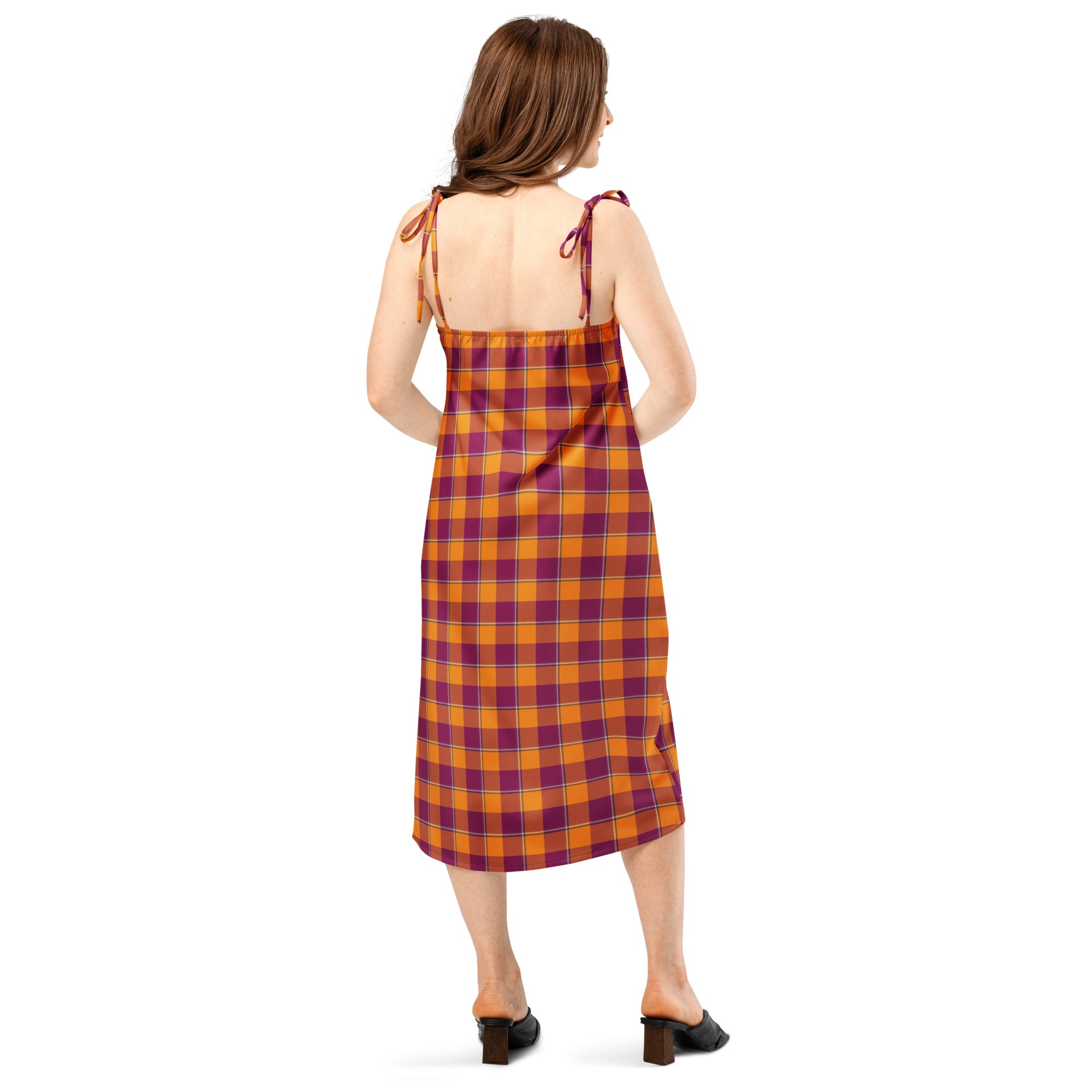 Tie-Strap Midi Dress Tahiti Gold and Rose Bud Cherry Plaid - Scottish Squares