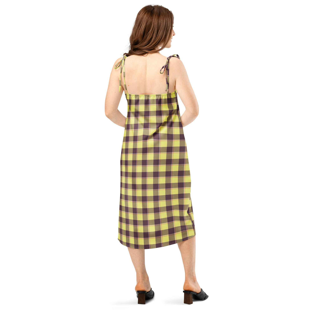 Tie-Strap Midi Dress Flax and Livid Brown Plaid - Scottish Squares