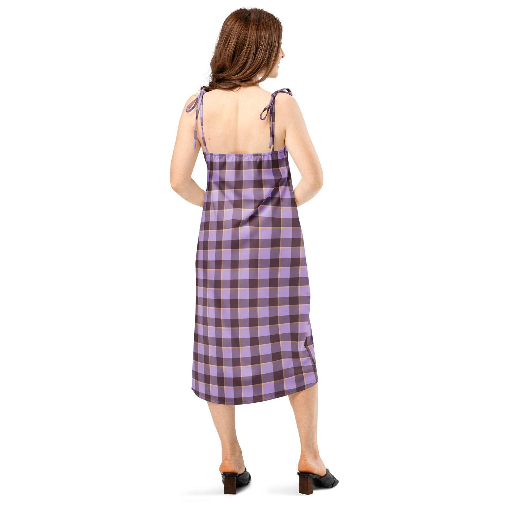 Tie-Strap Midi Dress Light Wisteria and Livid Brown Plaid - Scottish Squares