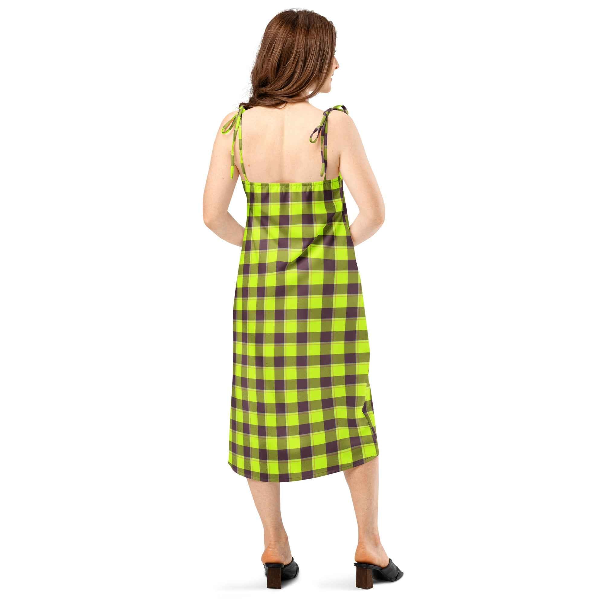 Tie-Strap Midi Dress Electric Lime and Livid Brown Plaid - Scottish Squares