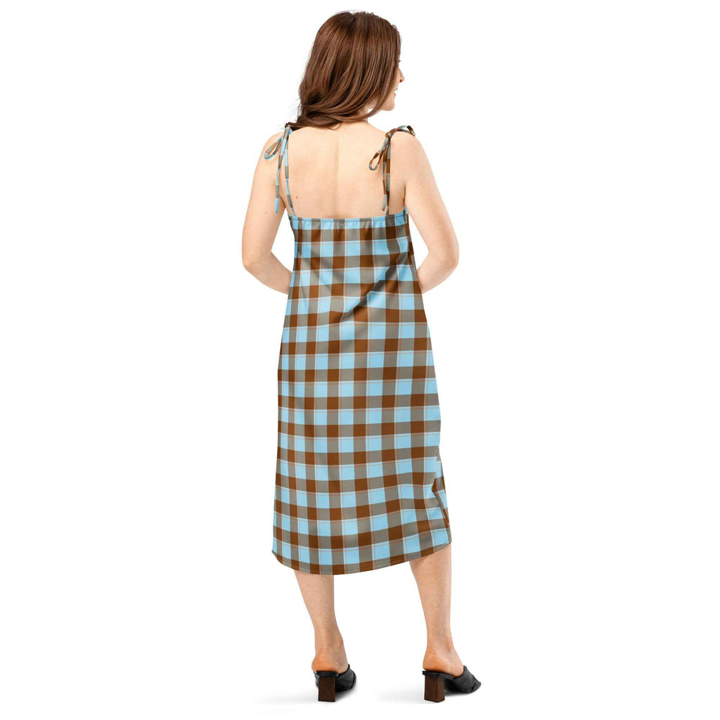 Tie-Strap Midi Dress Blizzard Blue and Livid Brown Plaid - Scottish Squares