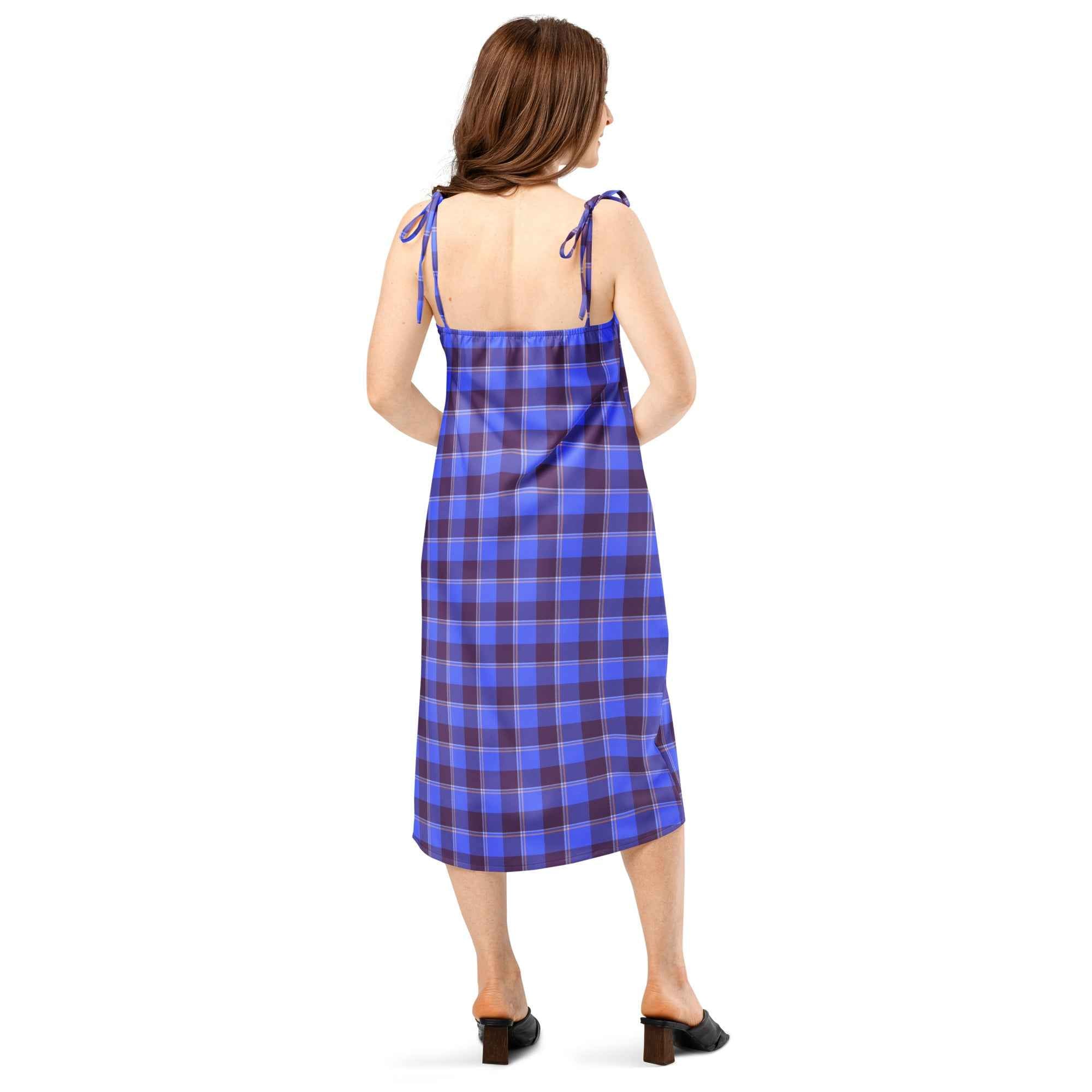 Tie-Strap Midi Dress Cornflower Blue and Livid Brown Plaid - Scottish Squares