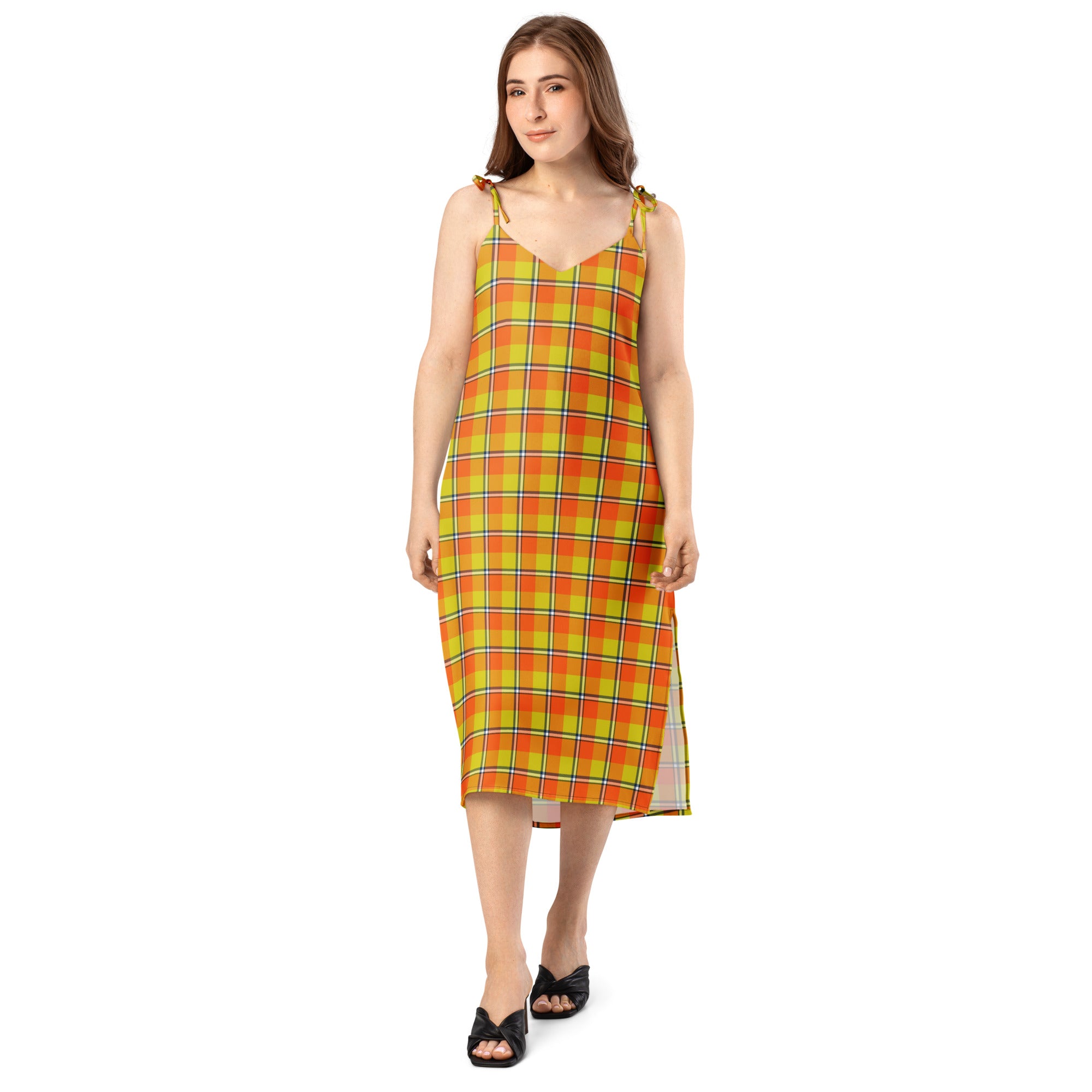 Tie-Strap Midi Dress Blaze Orange and Bird Flower Plaid - Scottish Squares