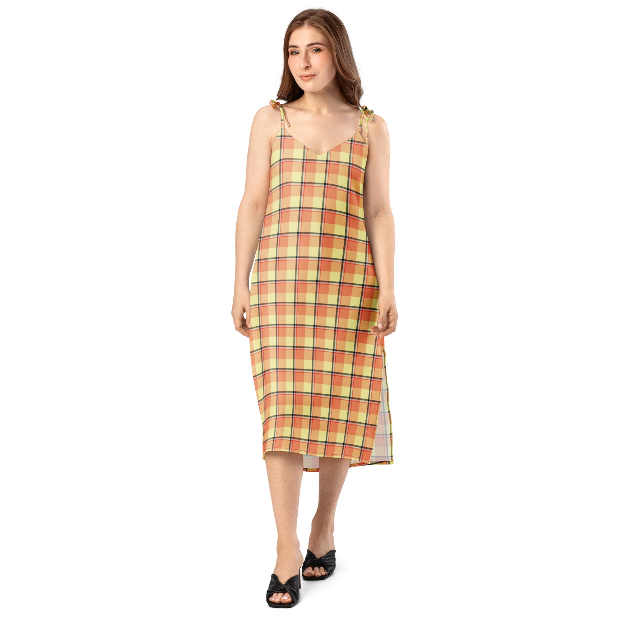Tie-Strap Midi Dress Claystone and Morning Mist Plaid - Scottish Squares