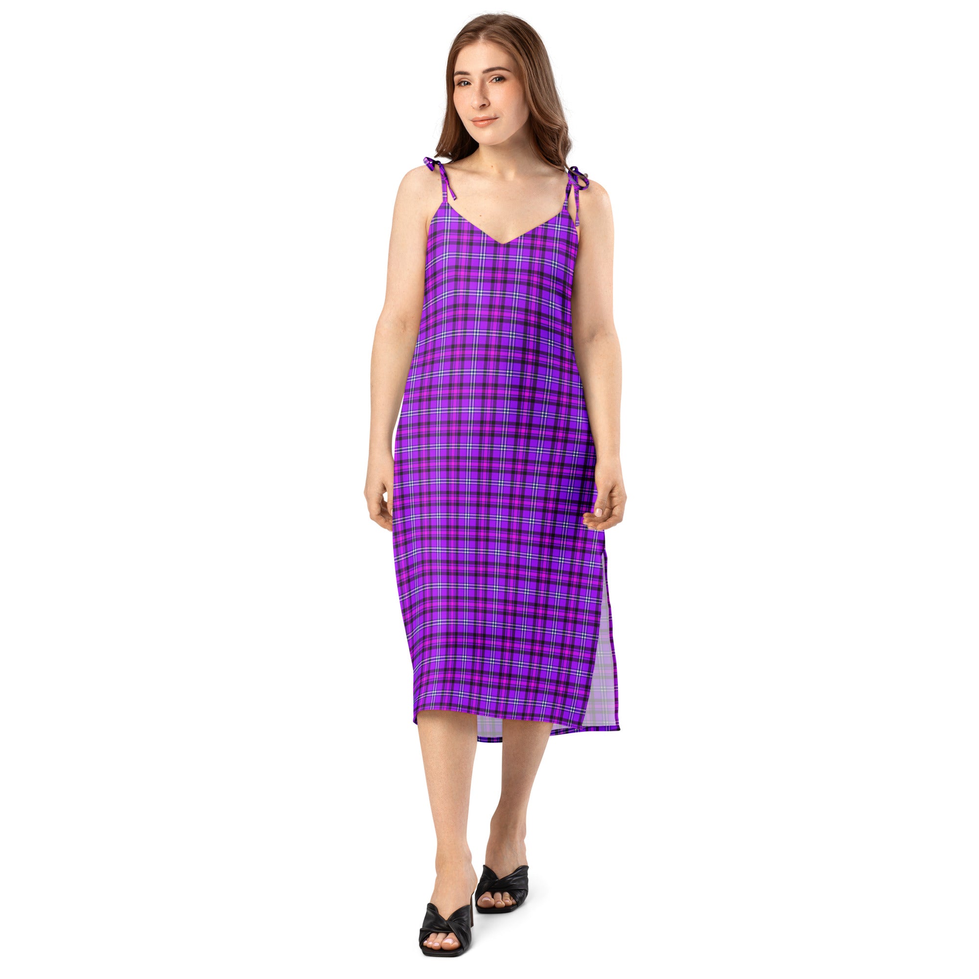 Tie-Strap Midi Dress Electric Violet and Fuchsia Plaid - Scottish Squares