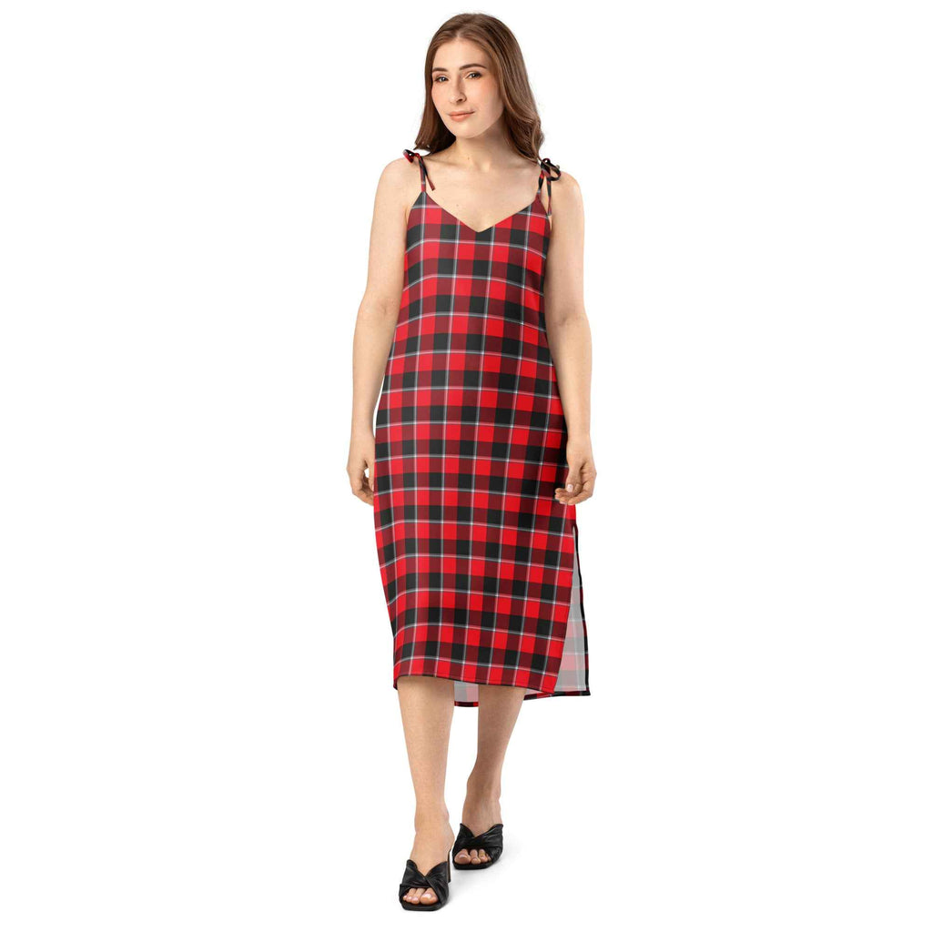 Tie-Strap Midi Dress Red Ribbon and Heavy Metal Plaid - Scottish Squares