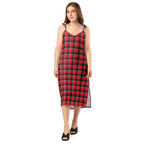Tie-Strap Midi Dress Red Ribbon and Heavy Metal Plaid - Scottish Squares