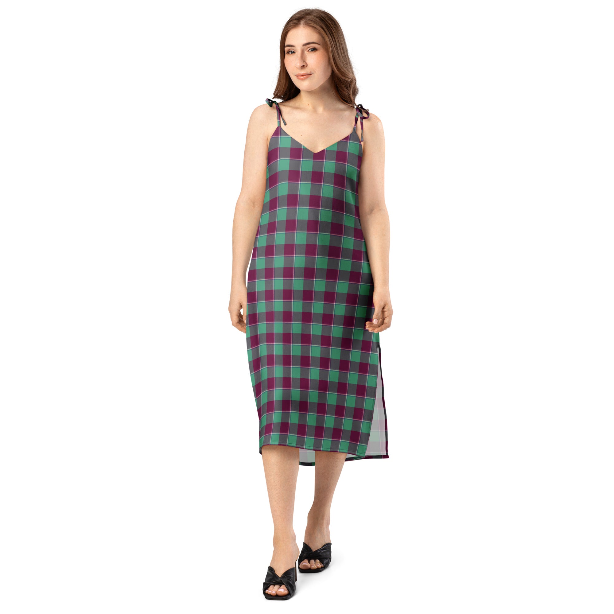Tie-Strap Midi Dress Ocean Green and Mulberry Wood Plaid - Scottish Squares