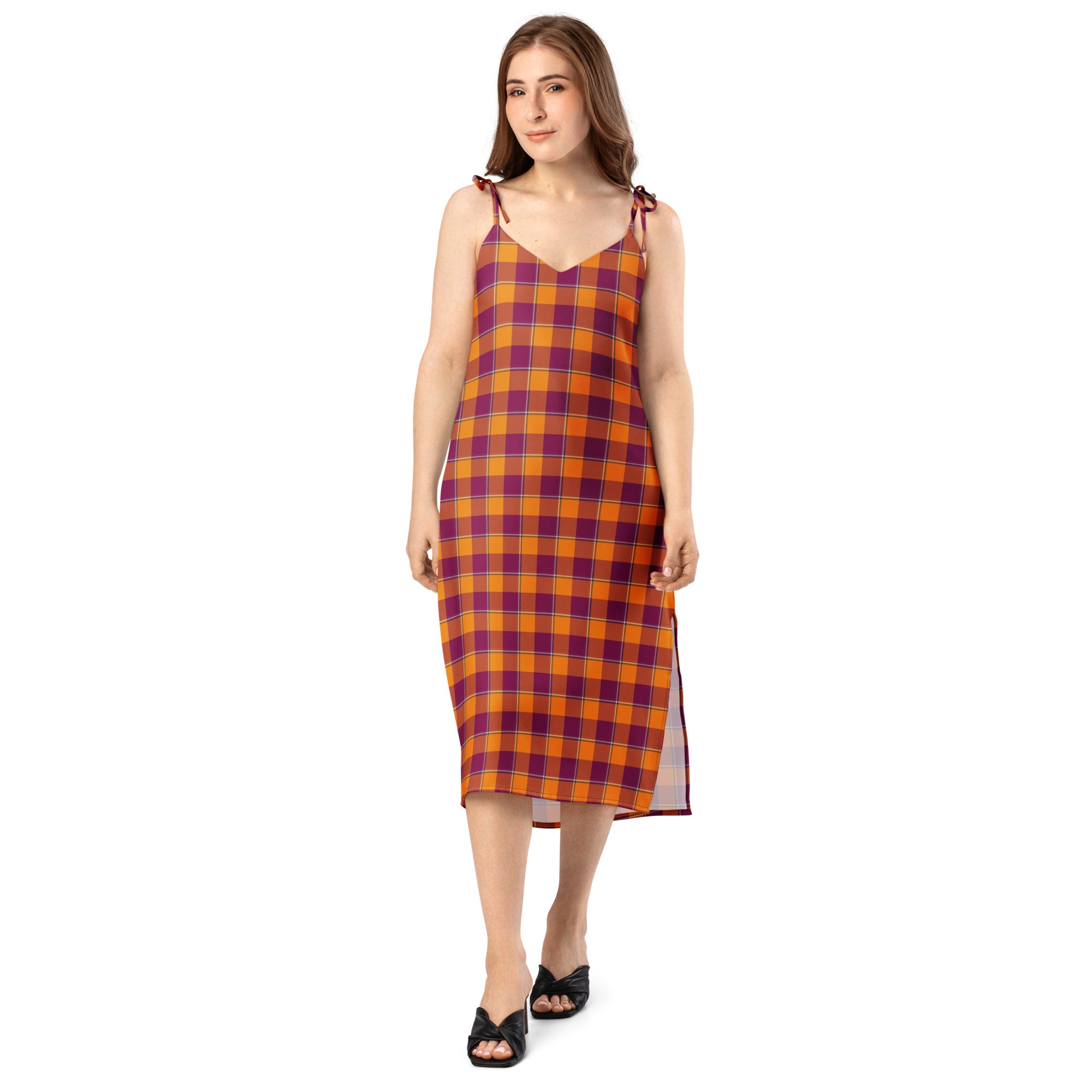 Tie-Strap Midi Dress Tahiti Gold and Rose Bud Cherry Plaid - Scottish Squares