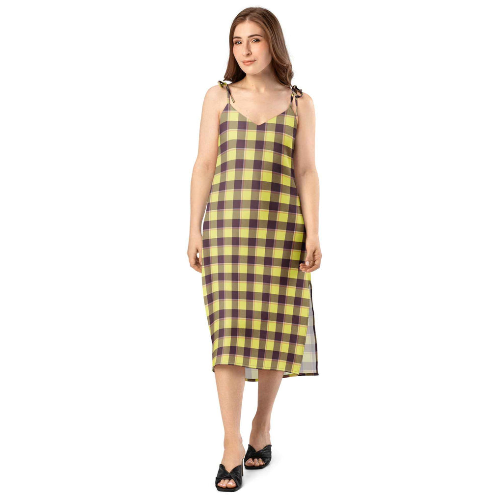 Tie-Strap Midi Dress Flax and Livid Brown Plaid - Scottish Squares