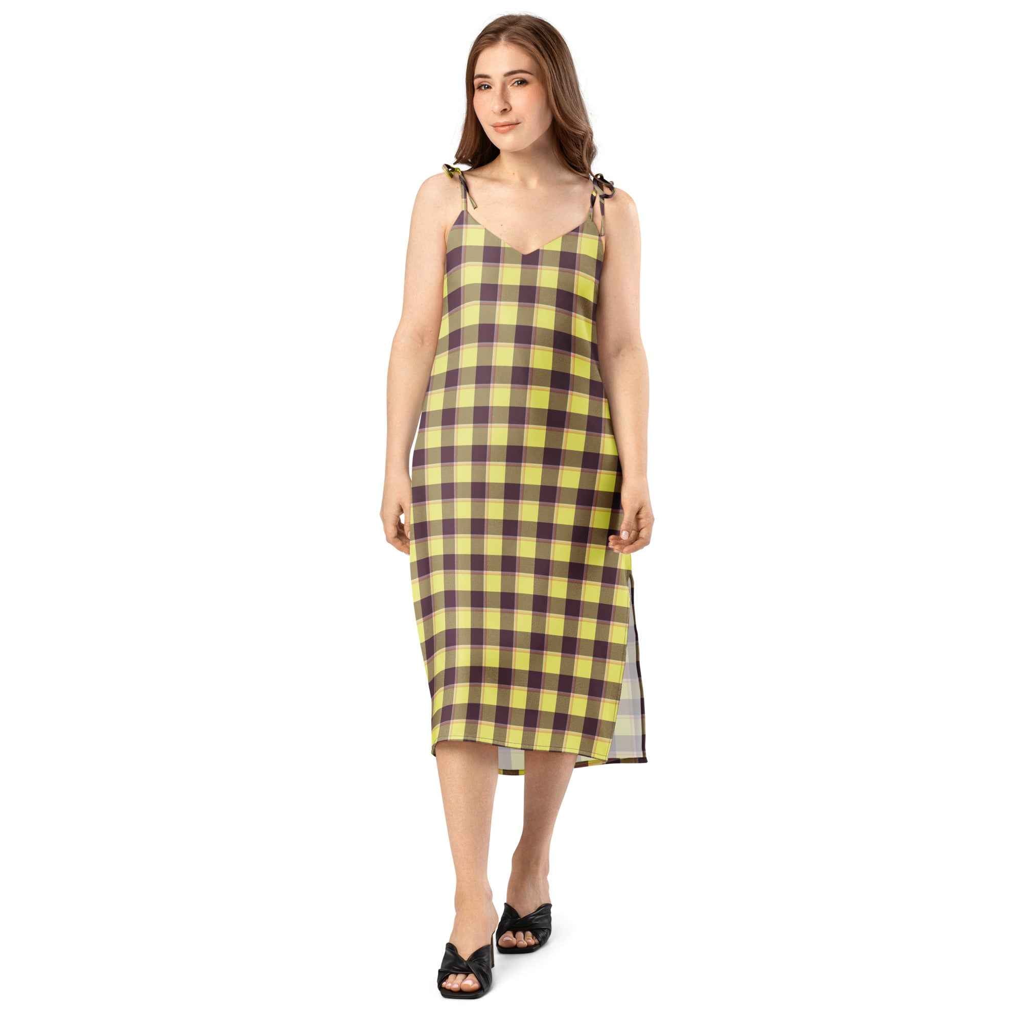 Tie-Strap Midi Dress Flax and Livid Brown Plaid - Scottish Squares