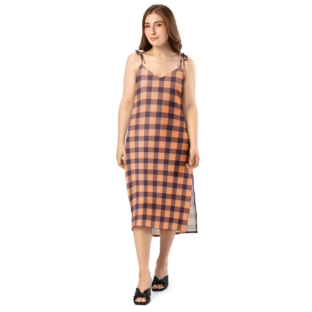 Tie-Strap Midi Dress Hit Pink and Livid Brown Plaid - Scottish Squares