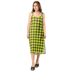 Tie-Strap Midi Dress Electric Lime and Livid Brown Plaid - Scottish Squares