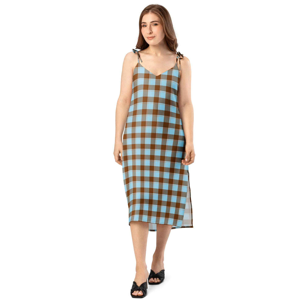 Tie-Strap Midi Dress Blizzard Blue and Livid Brown Plaid - Scottish Squares