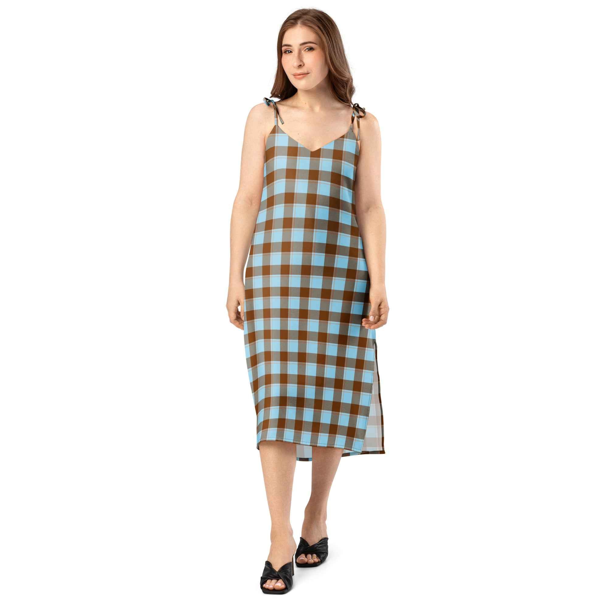 Tie-Strap Midi Dress Blizzard Blue and Livid Brown Plaid - Scottish Squares