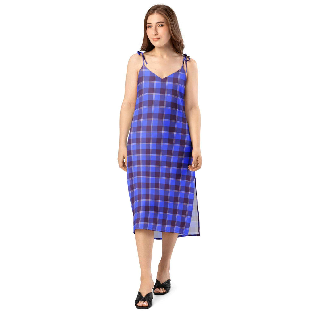 Tie-Strap Midi Dress Cornflower Blue and Livid Brown Plaid - Scottish Squares