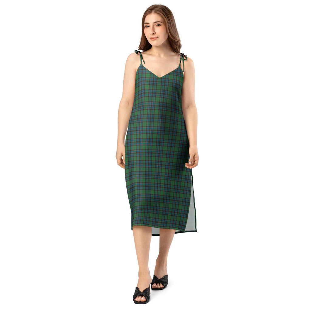 Tie-Strap Midi Dress Green Blue Orange Plaid Tartan