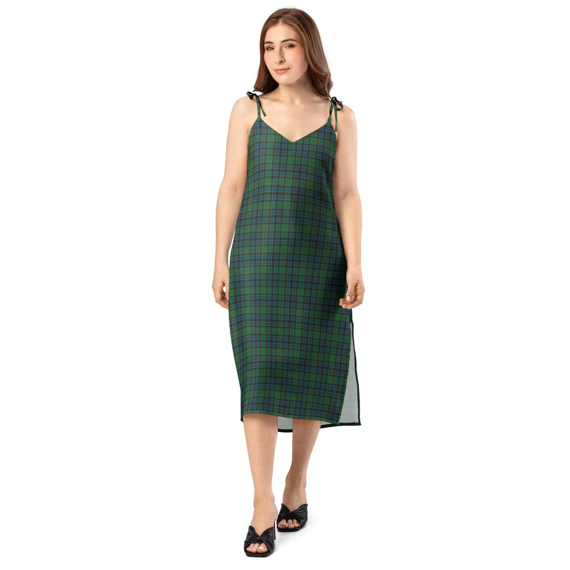 Tie-Strap Midi Dress Green Blue Orange Plaid Tartan