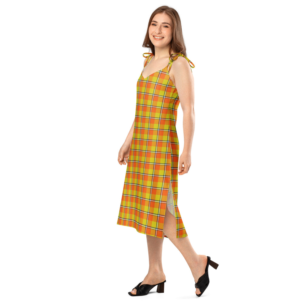 Tie-Strap Midi Dress Blaze Orange and Bird Flower Plaid - Scottish Squares
