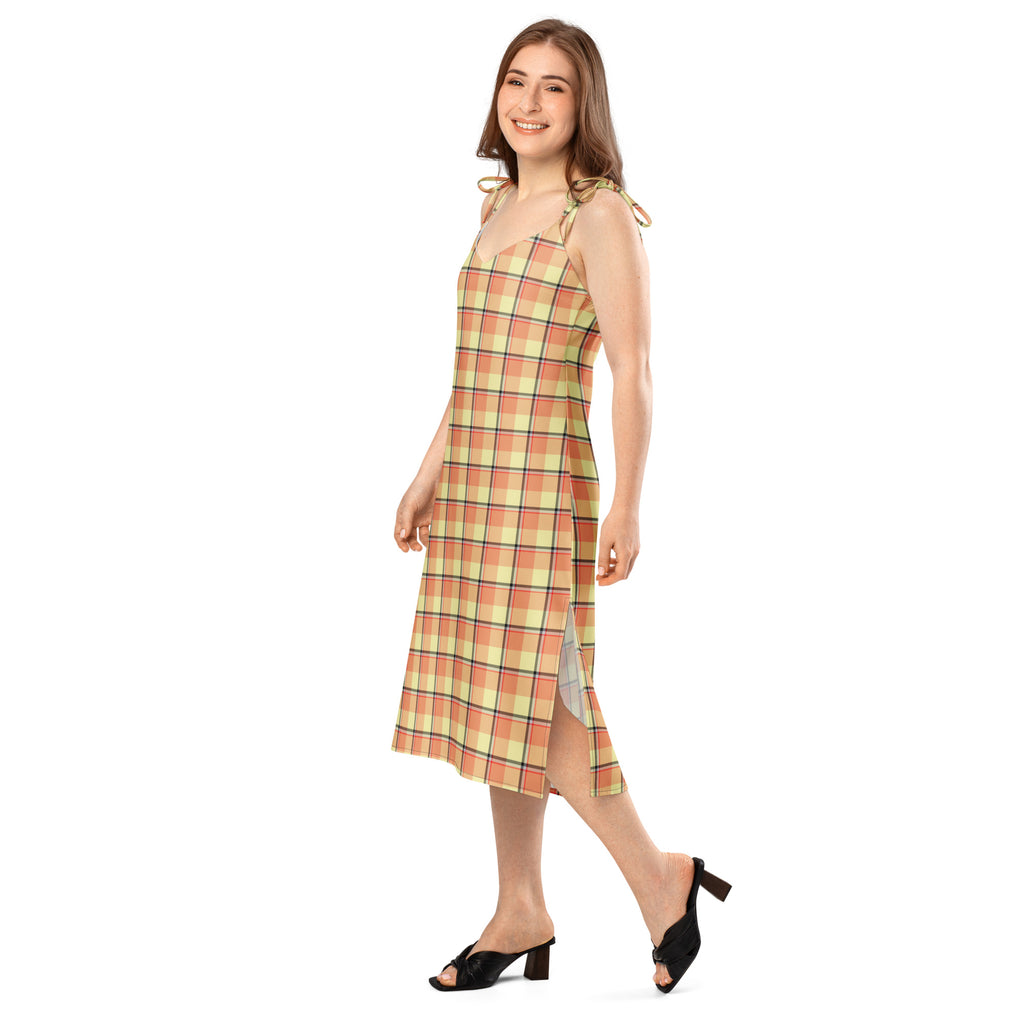Tie-Strap Midi Dress Claystone and Morning Mist Plaid - Scottish Squares